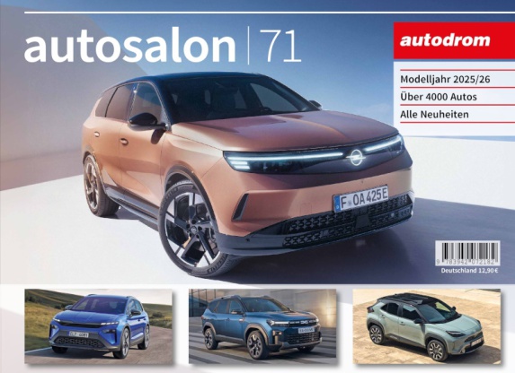 Titelseite des autosalon 71 mit einem großen roséfarbenen Auto in der Mitte und darunter nebeneinander drei kleine Autos